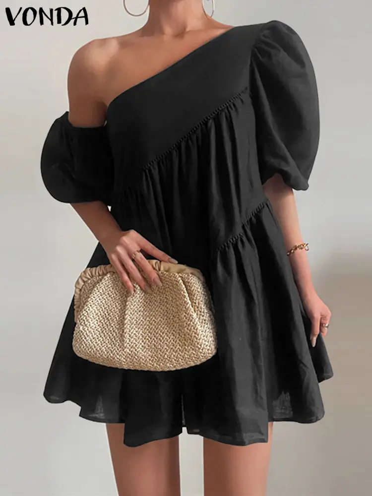 VONDA Plus Size Mini Dress Women Short Sleeve Sexy Summer Party Sundress Casual Ruffled Beach Vestidos Skew Collar Solid Robe