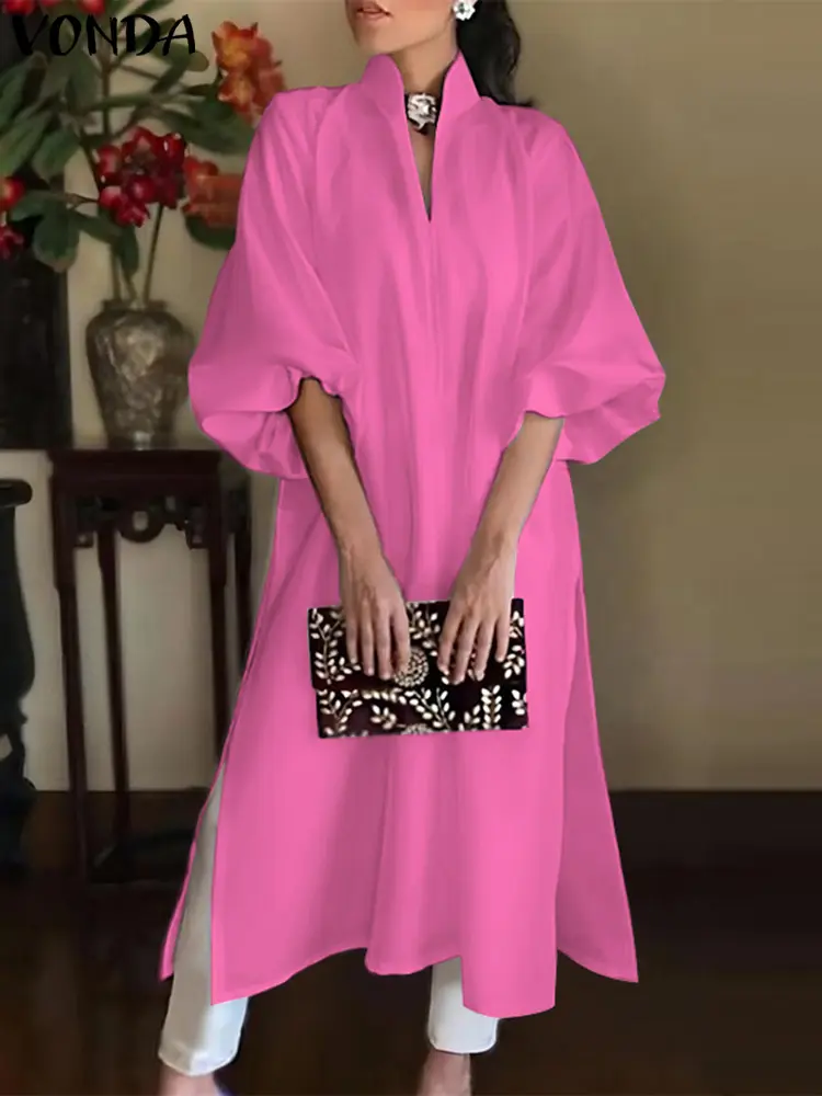 VONDA Women Dress 2024 Spring Ladies Office Sundress Casual Solid Color Elegant Elastic Loose Mid Length A-line Dress Vestidos