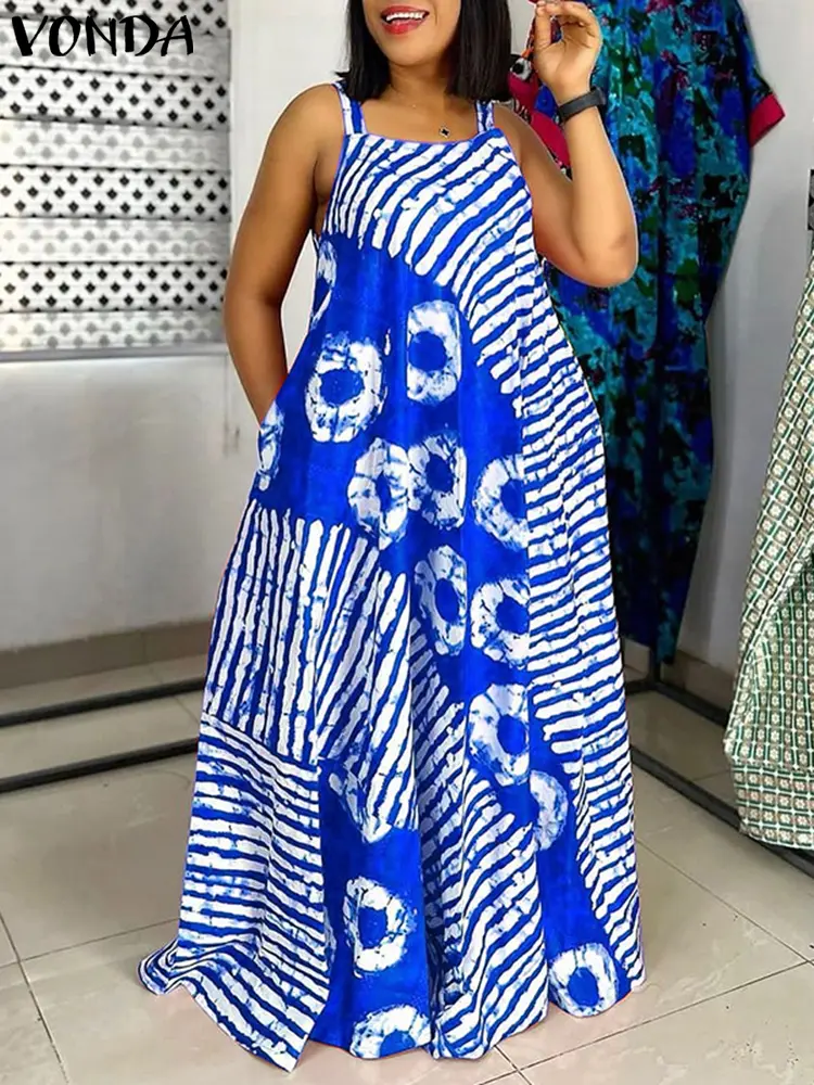 VONDA Women Summer Long Maxi Dress 2024 Sexy Sleeveless Printing Party Tank Sundress Long Vestidos Casual Loose Robe Oversize