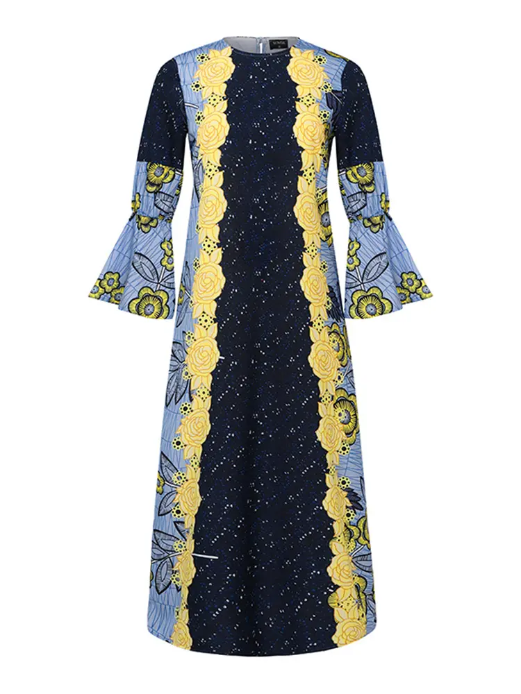 2024 VONDA Bohemian Vestidos Women Casual Flared Long Sleeve Maxi Dresses Round Neck Loose Print Sundress Ruffles Pleated Robes