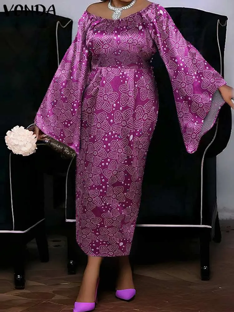 VONDA Women Dress 2024 Sexy Flare Sleeve Off Shoulder Party Maxi Long Dress Fashion Printed Sundress Oversize Elegant Robe Femme