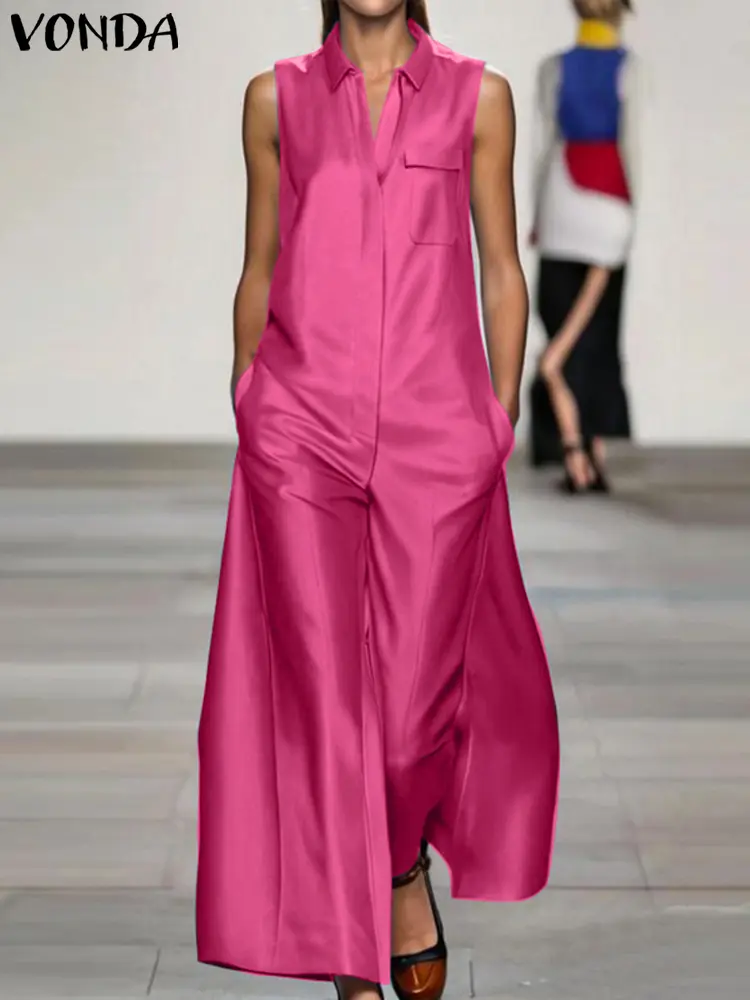 VONDA 2025 Summer Long Jumpsuits Women Elegant Office Lady Rompers Casual Sleeveless Satin Playsuits Lapel Solid Party Overalls