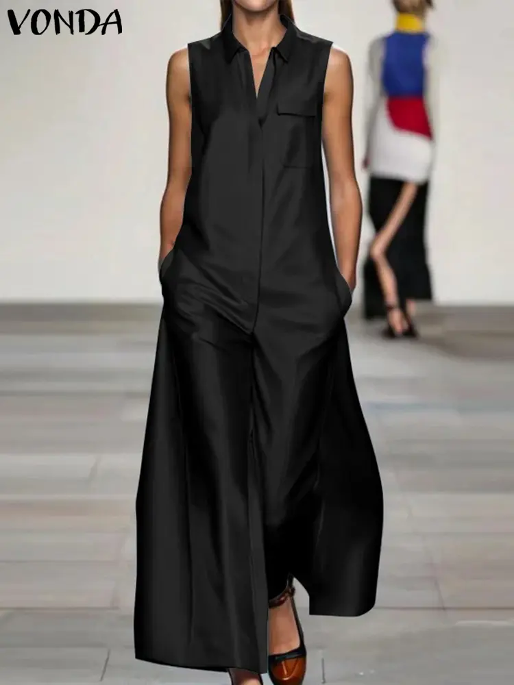 VONDA 2025 Summer Long Jumpsuits Women Elegant Office Lady Rompers Casual Sleeveless Satin Playsuits Lapel Solid Party Overalls
