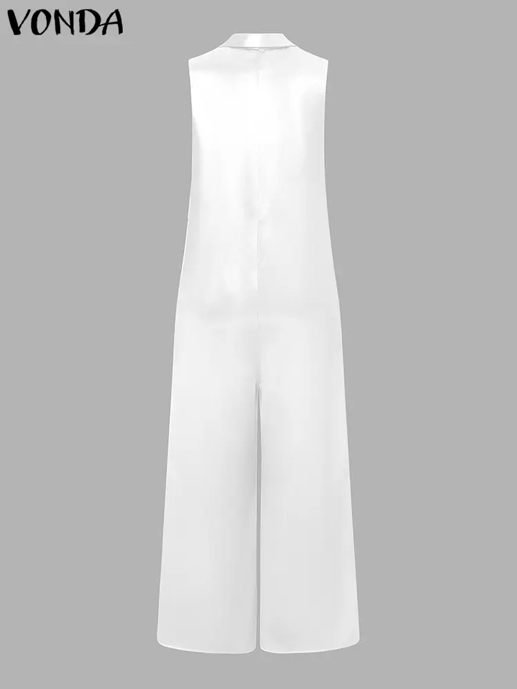 VONDA 2025 Summer Long Jumpsuits Women Elegant Office Lady Rompers Casual Sleeveless Satin Playsuits Lapel Solid Party Overalls