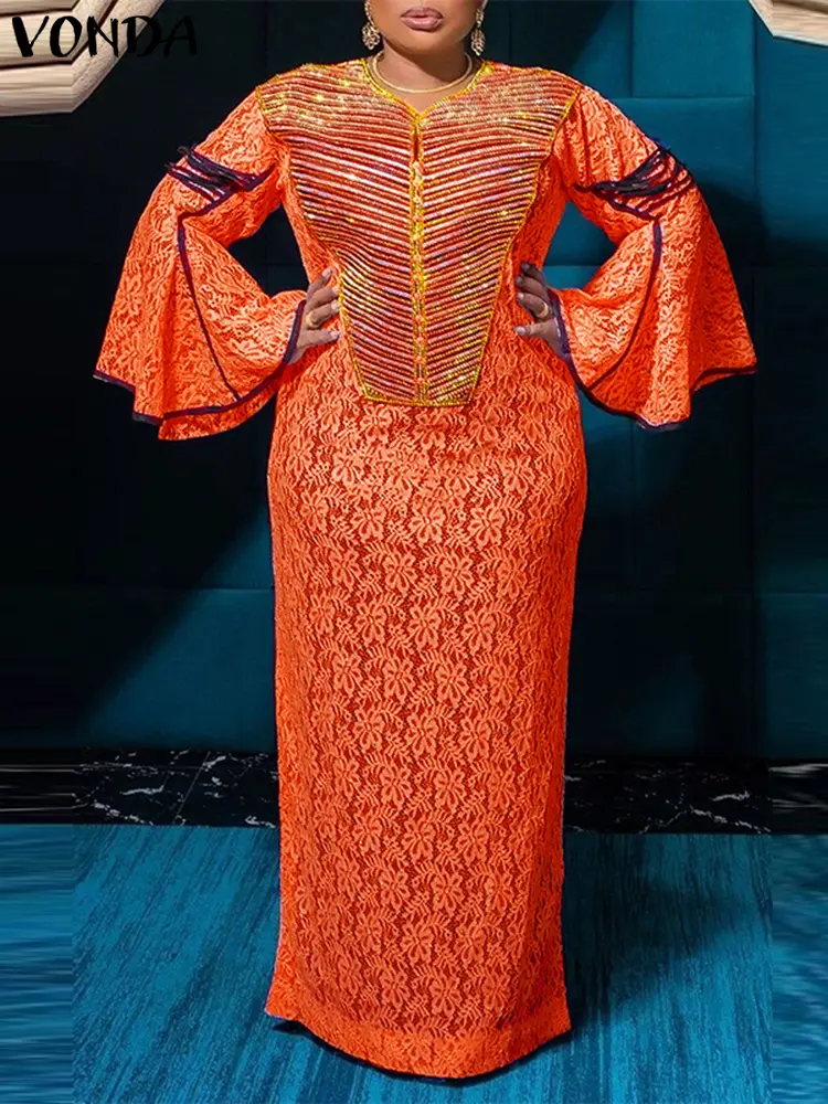 VONDA Women Printed Long Maxi Dress Bohemian Sundress 2024 Fashion Vintage V-Neck Party Vestidos Casual Loose Flare Sleeve Robe