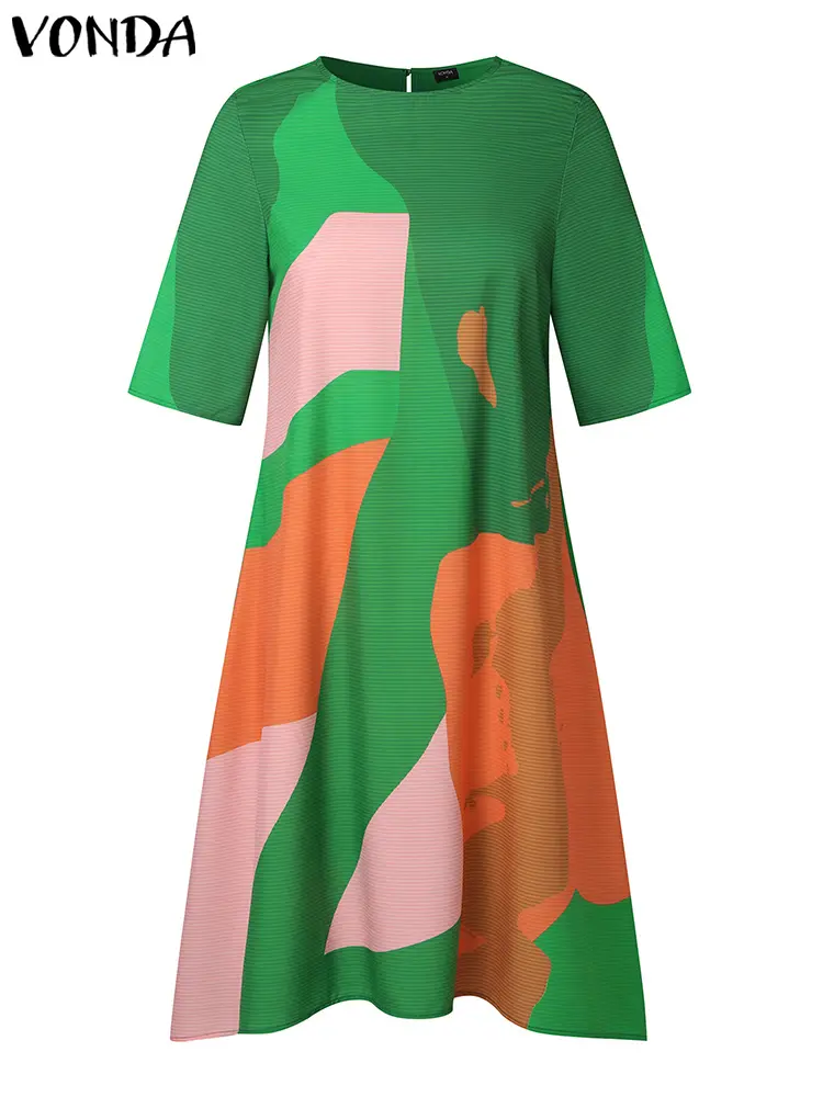 Plus Size 5XL VONDA Women Summer Midi Dress 2024 Bohemian Printed Vintage Half Sleeve Asymmetrical Sundress Loose Casual Robe