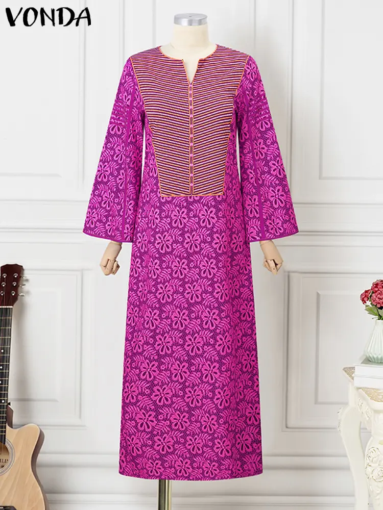 VONDA Women Printed Long Maxi Dress Bohemian Sundress 2024 Fashion Vintage V-Neck Party Vestidos Casual Loose Flare Sleeve Robe