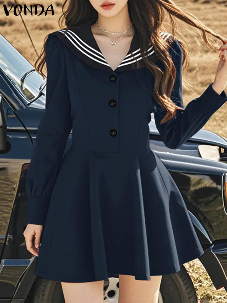 VONDA Women Solid Color Mini Dress Casual Lantern Sleeve Sundress 2025 Femme Robe Sailor Collar Patchwork Vestidos Oversized