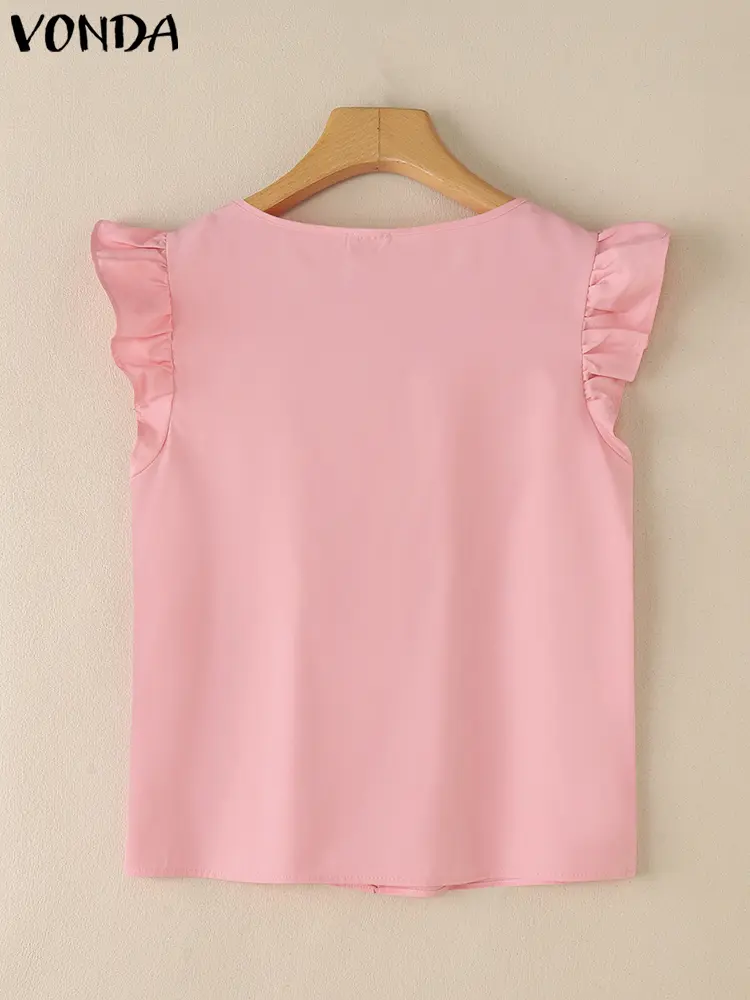 Summer Tank Tops Casual Lace-Up Ruffled Tunic Solid Color Blusas 2025 VONDA Women Beach Loose Camis Square Neck Oversized Tees
