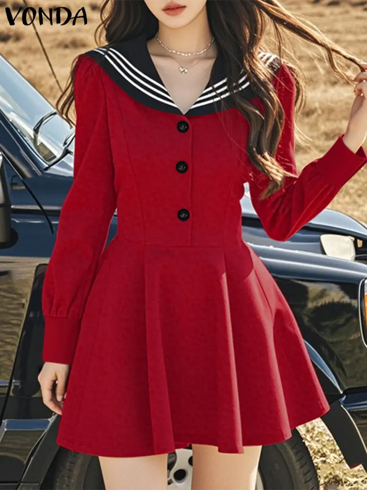 VONDA Women Solid Color Mini Dress Casual Lantern Sleeve Sundress 2025 Femme Robe Sailor Collar Patchwork Vestidos Oversized