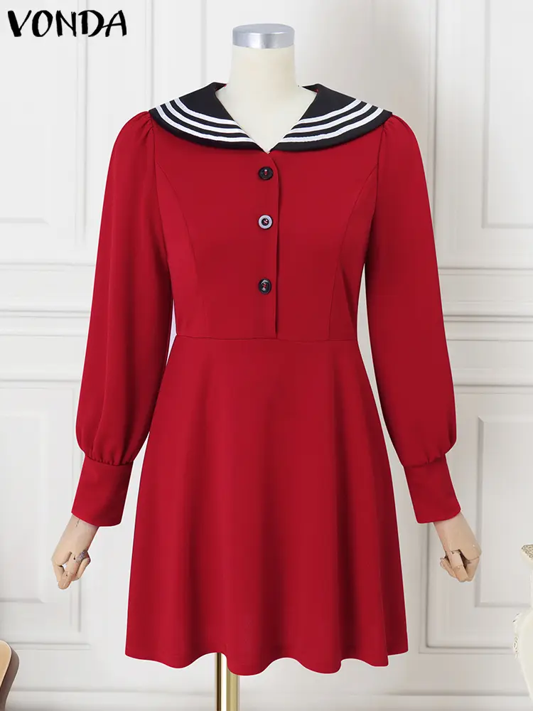 VONDA Women Solid Color Mini Dress Casual Lantern Sleeve Sundress 2025 Femme Robe Sailor Collar Patchwork Vestidos Oversized