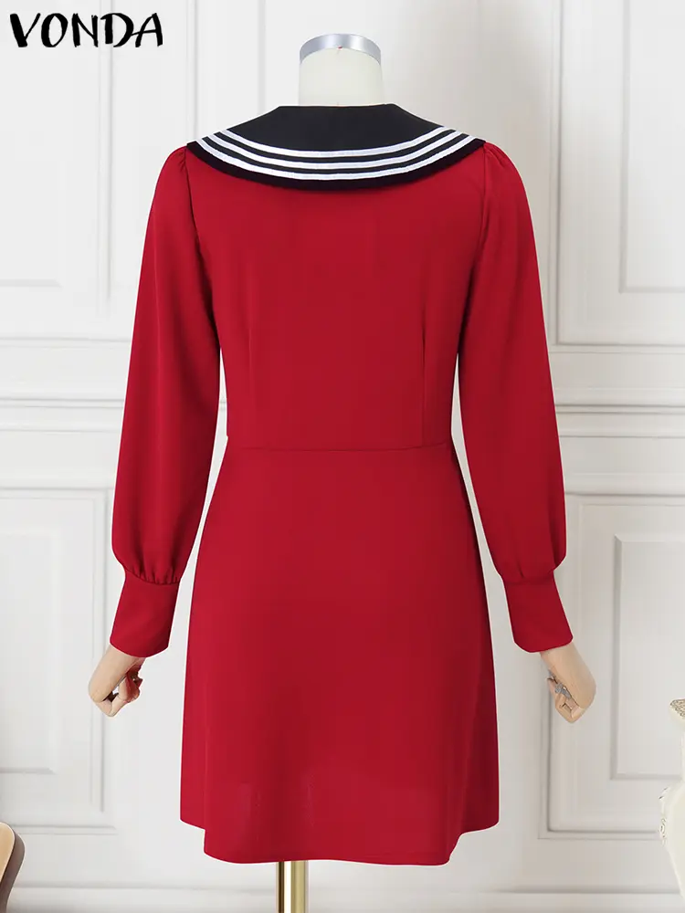 VONDA Women Solid Color Mini Dress Casual Lantern Sleeve Sundress 2025 Femme Robe Sailor Collar Patchwork Vestidos Oversized