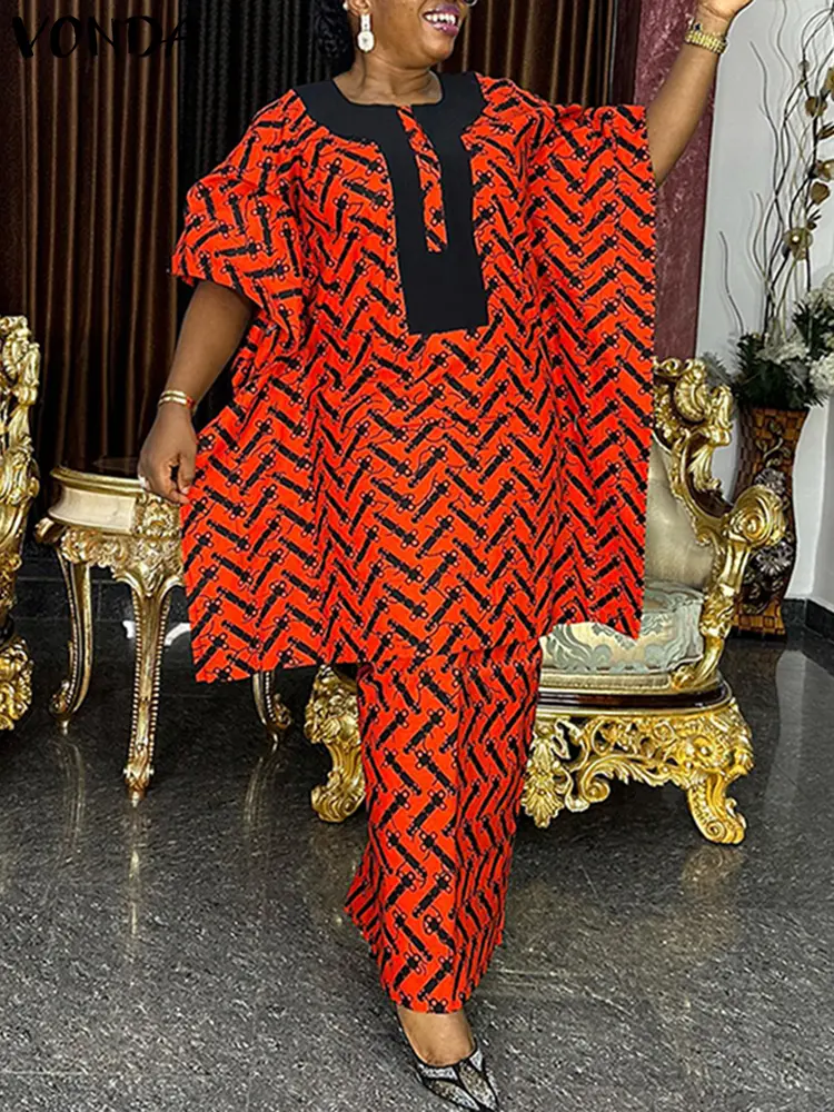 VONDA Women Dress Sets Summer Bohemian Half Bat Sleeve Vintage Printed Top Elastic Waist Maxi Long Suits Matching Sets 2PCS