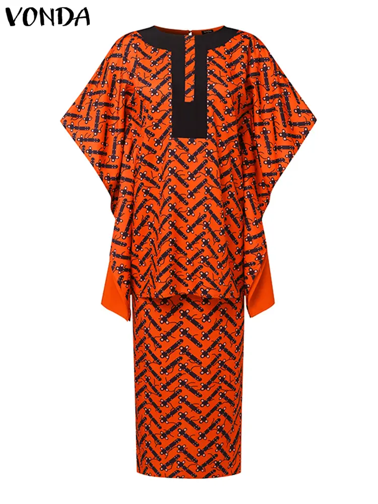 VONDA Women Dress Sets Summer Bohemian Half Bat Sleeve Vintage Printed Top Elastic Waist Maxi Long Suits Matching Sets 2PCS