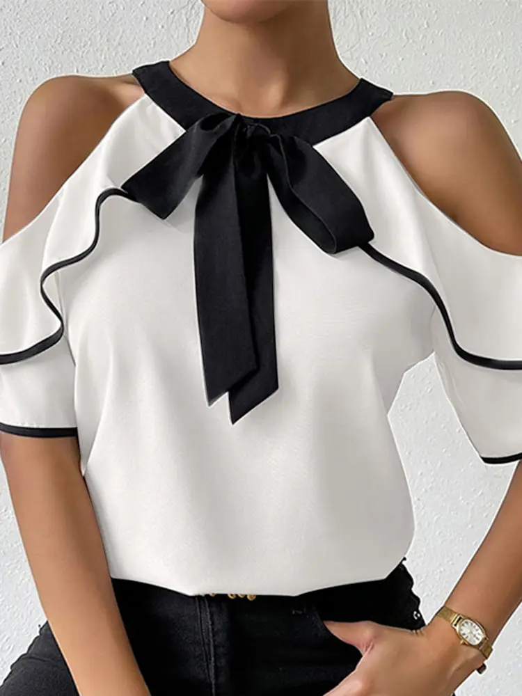 Plus Size VONDA Women Chiffon Tops Elegant Blouse Patchwork Lace-Up Blusas 2025 Casual Ruffled Tunics Oversized Pullovers