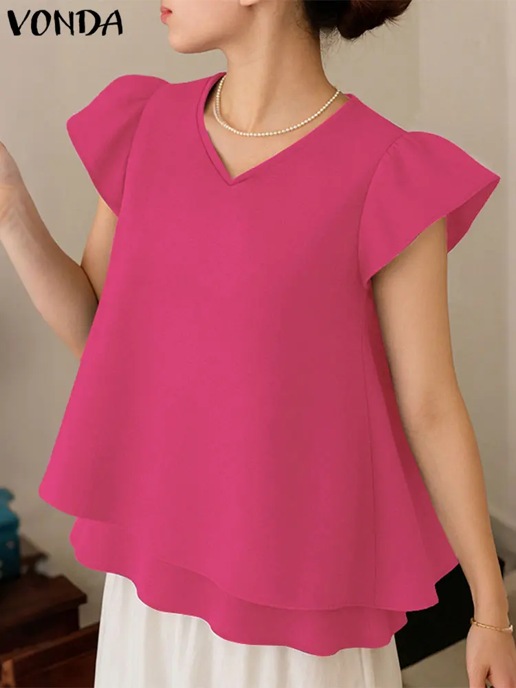 VONDA Women Tops Summer Short Sleeve Blusas Elegant V-Neck Blouse Casual Shirts Loose Ruffled Solid Color Tunic Oversized