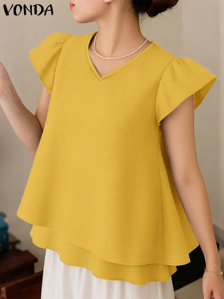 VONDA Women Tops Summer Short Sleeve Blusas Elegant V-Neck Blouse Casual Shirts Loose Ruffled Solid Color Tunic Oversized