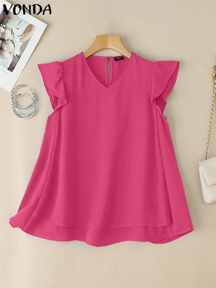 VONDA Women Tops Summer Short Sleeve Blusas Elegant V-Neck Blouse Casual Shirts Loose Ruffled Solid Color Tunic Oversized