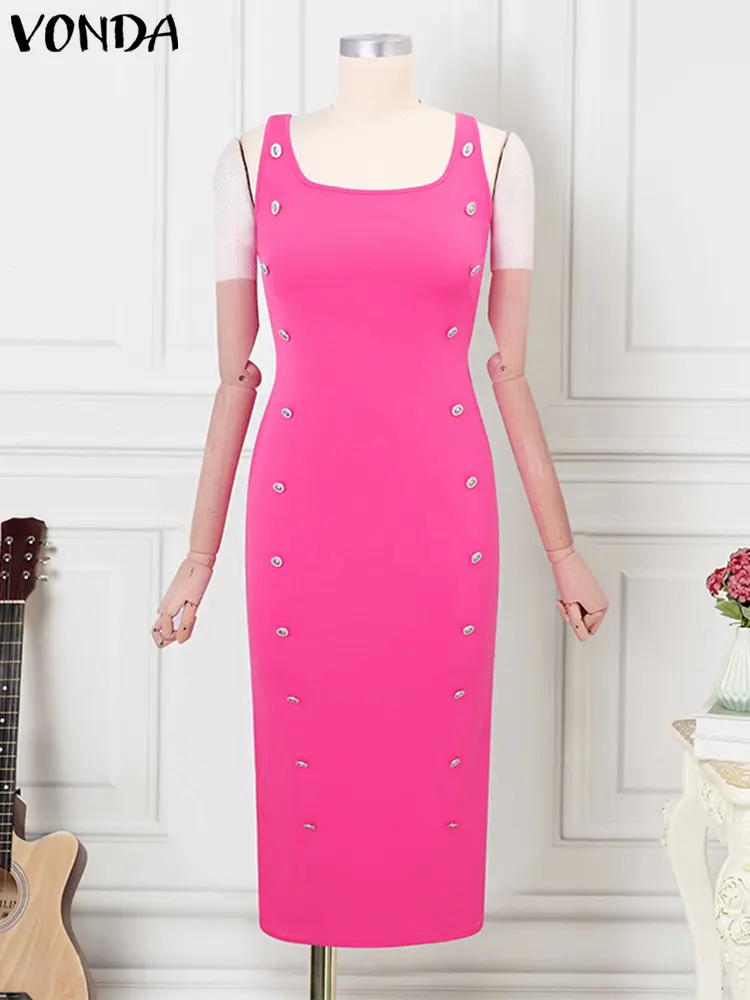 VONDA Autumn Women Dress American Style Sleeveless Club Party Sundress 2024 Casual Slip Ankle-Length Elegant Robe Solid Vestidos