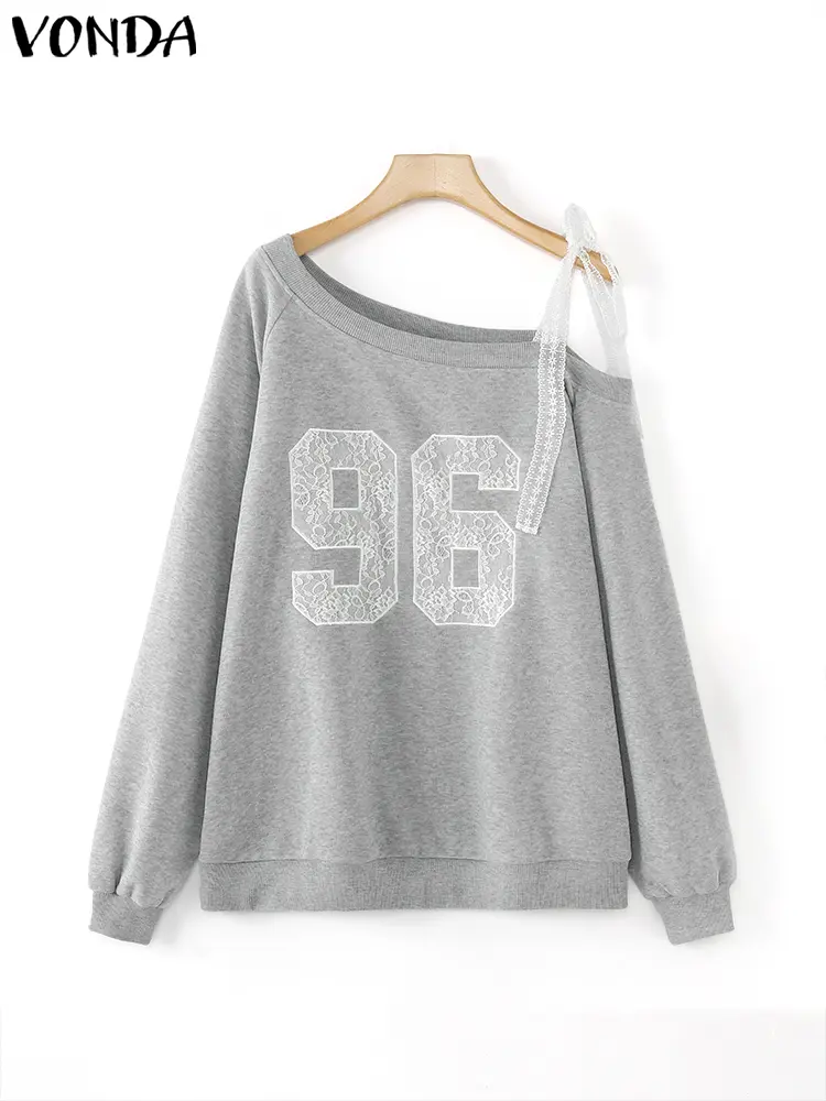 2025 Spring Off Shoulder Lace Sweatshirts Asymmetrical Lace Long Sleeve Casual Printing Hoodies Loose Pullovers Oversized VONDA