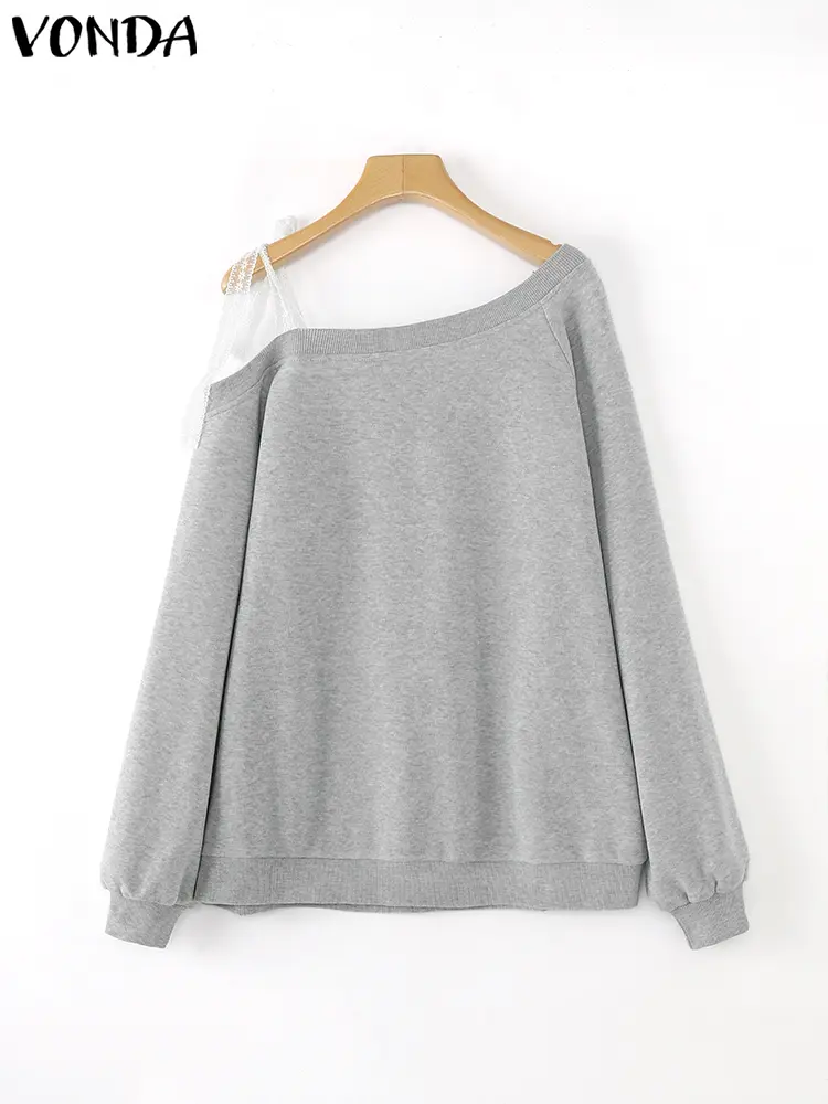 2025 Spring Off Shoulder Lace Sweatshirts Asymmetrical Lace Long Sleeve Casual Printing Hoodies Loose Pullovers Oversized VONDA