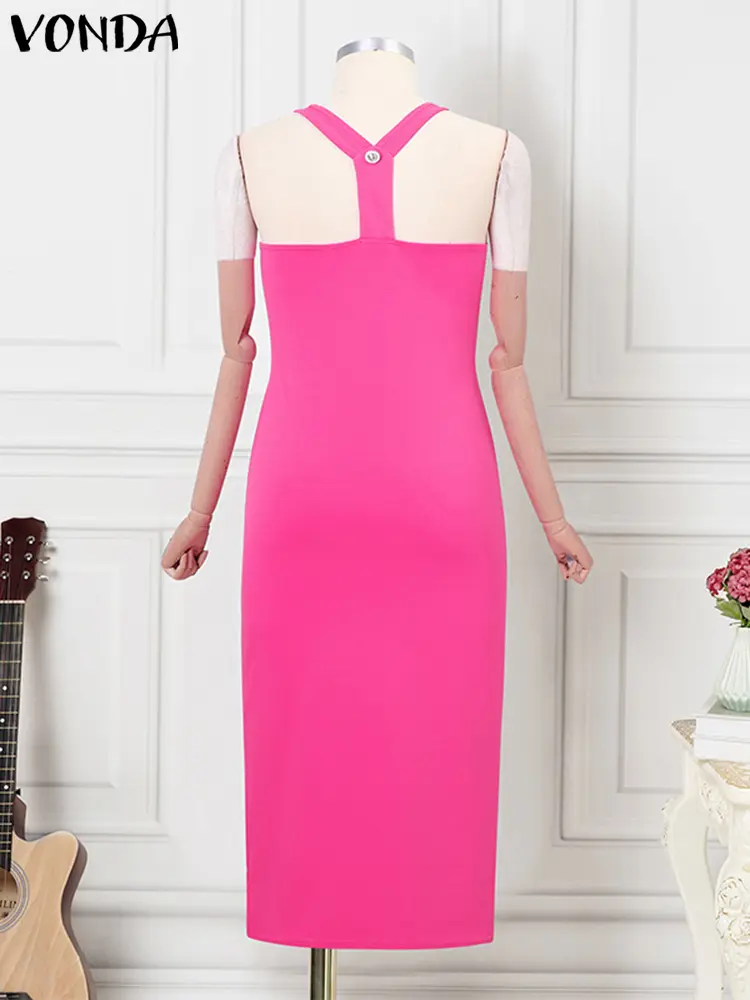 VONDA Autumn Women Dress American Style Sleeveless Club Party Sundress 2024 Casual Slip Ankle-Length Elegant Robe Solid Vestidos