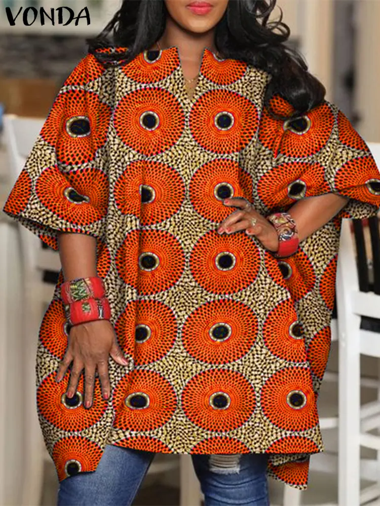 Plus Size 5XL VONDA Printed Blouse Women Tops 2025 Vintage V-Neck Bohemian Shirts Bat Sleeve Casual Loose Blusas