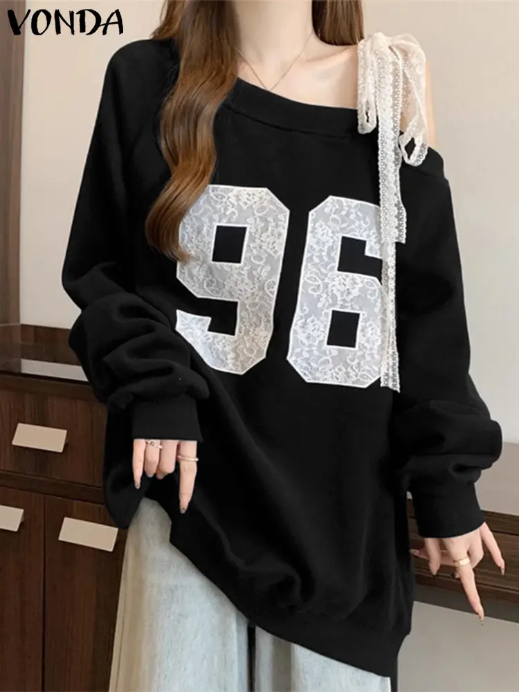 2025 Spring Off Shoulder Lace Sweatshirts Asymmetrical Lace Long Sleeve Casual Printing Hoodies Loose Pullovers Oversized VONDA