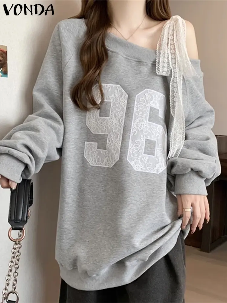 2025 Spring Off Shoulder Lace Sweatshirts Asymmetrical Lace Long Sleeve Casual Printing Hoodies Loose Pullovers Oversized VONDA