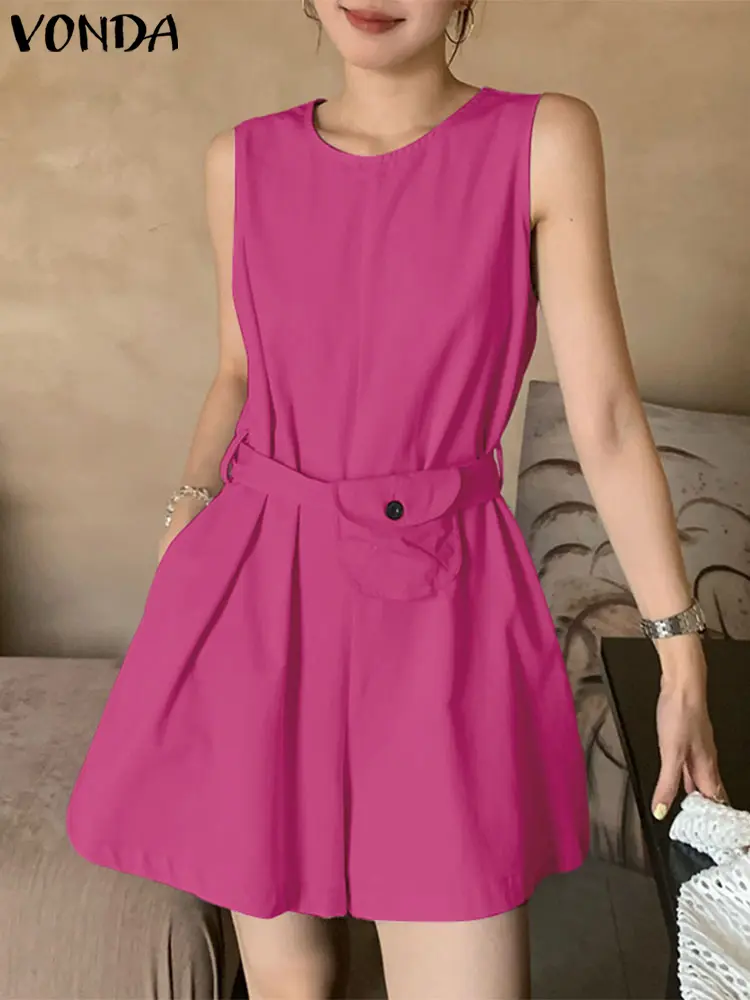 VNDA Women Summer Jumpsuits Solid Short Sleeve Romper 2025 Vintage V Neck Party Overalls Casual Loose Belt Playsuits Oversized
