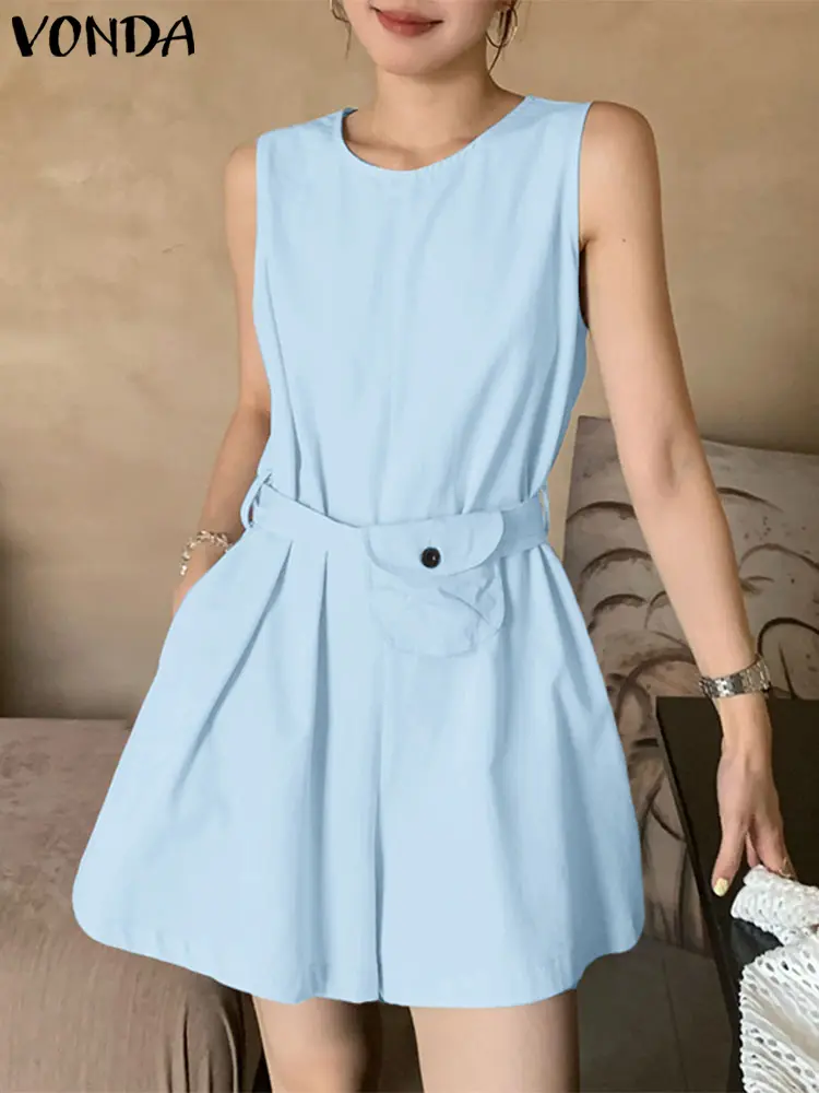 VNDA Women Summer Jumpsuits Solid Short Sleeve Romper 2025 Vintage V Neck Party Overalls Casual Loose Belt Playsuits Oversized