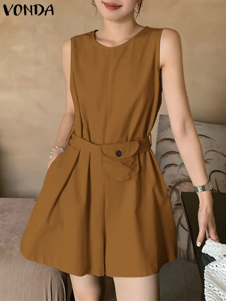 VNDA Women Summer Jumpsuits Solid Short Sleeve Romper 2025 Vintage V Neck Party Overalls Casual Loose Belt Playsuits Oversized