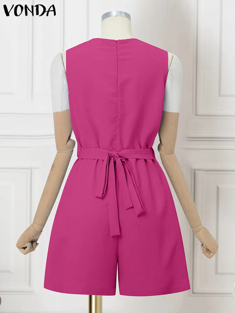 VNDA Women Summer Jumpsuits Solid Short Sleeve Romper 2025 Vintage V Neck Party Overalls Casual Loose Belt Playsuits Oversized