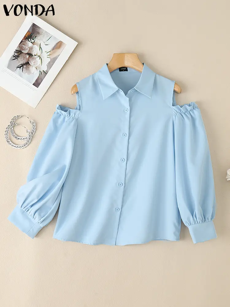VONDA Women Shirts 2025 Fashion Summer Top Elegant OL Blouse Casual Solid Color Tunic Cold Shoulder Lantern Sleeve Office Blusas