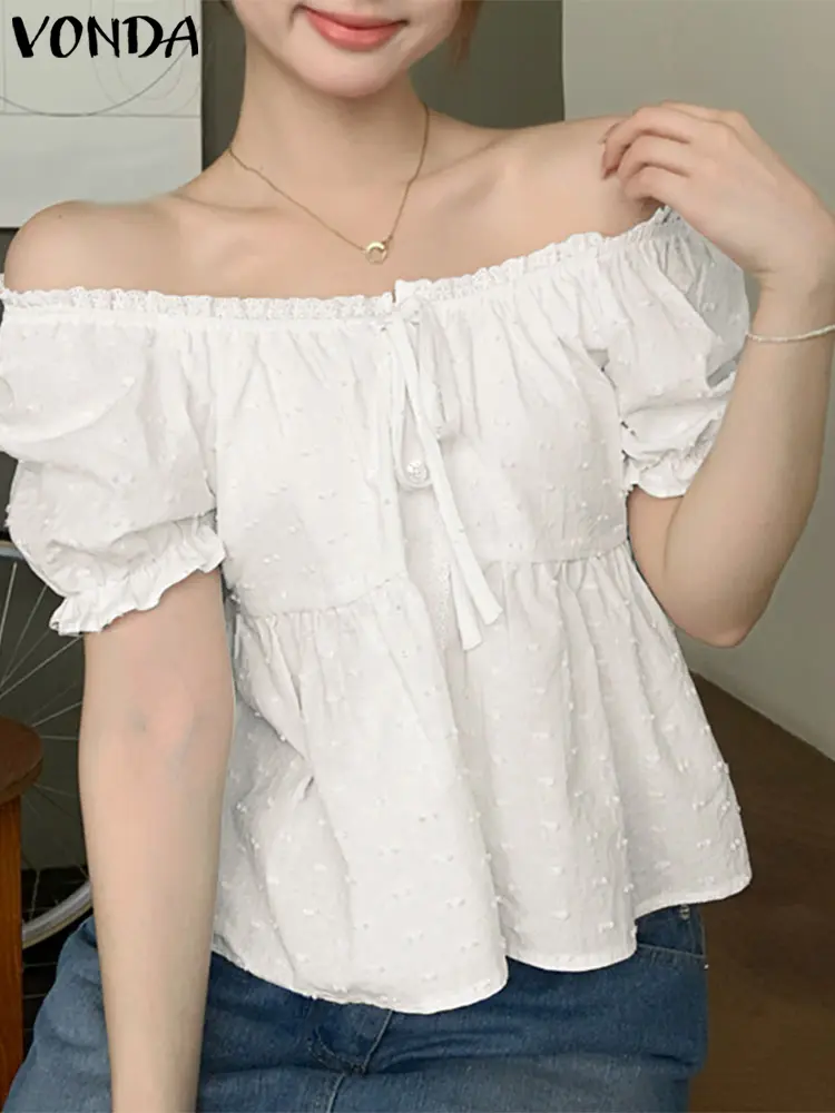 VONDA Off The Shoulder Women Tops Lace Blusas Shirts 2025 Summer Short Puff Sleeve Tunics Lace-Up Buttons Solid Ruffled Tops