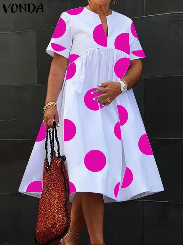 VONDA Women Bohemian Dress 2024 Summer Polka Dot Maxi Long Dress V Neck Party Sundress Loose Vestidos Beach Robe Elegant