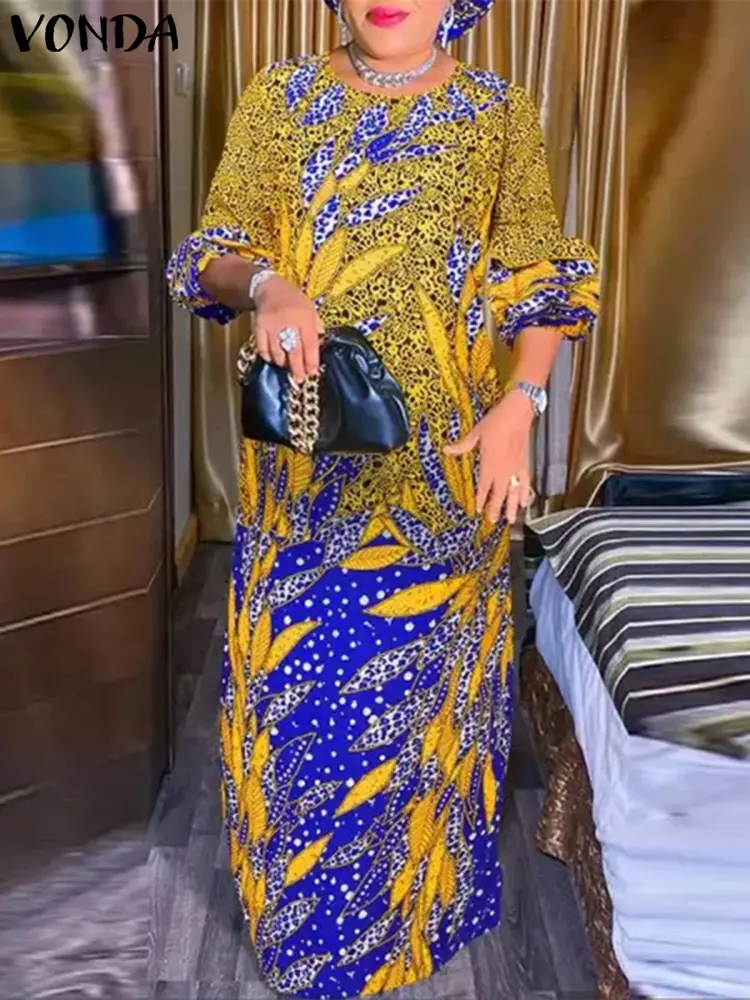 VONDA Women Bohemian Maxi Dress 2024 Casual Half Puff Sleeve Vestidos Round Neck Elegant Printed Long Robe Oversized Sundress