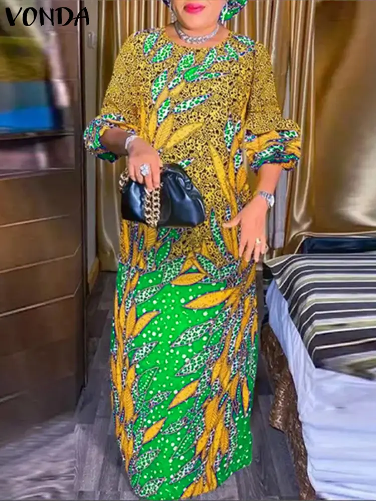 VONDA Women Bohemian Maxi Dress 2024 Casual Half Puff Sleeve Vestidos Round Neck Elegant Printed Long Robe Oversized Sundress
