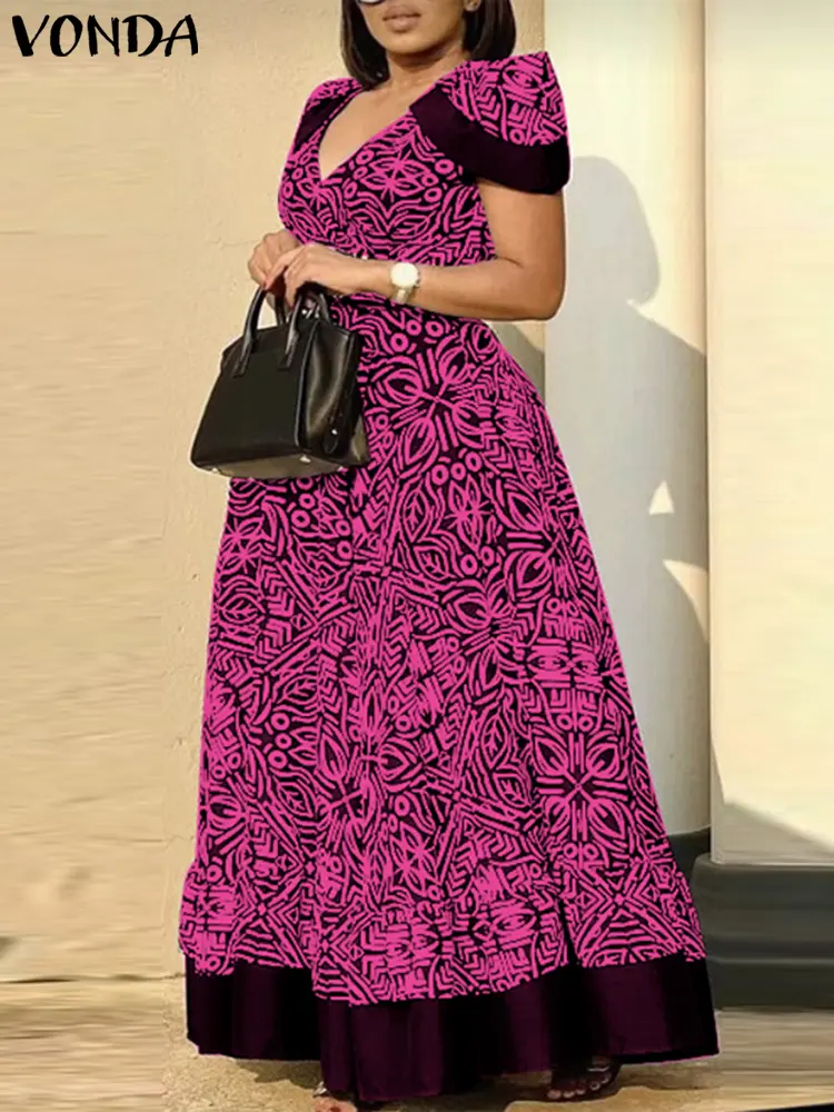 VONDA Bohemian Maxi Dress Women Printing Sundress Casual Loose Short Sleeve Robe Vintage V-Neck Beach Party Vestidos
