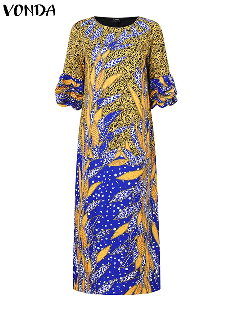 VONDA Women Bohemian Maxi Dress 2024 Casual Half Puff Sleeve Vestidos Round Neck Elegant Printed Long Robe Oversized Sundress