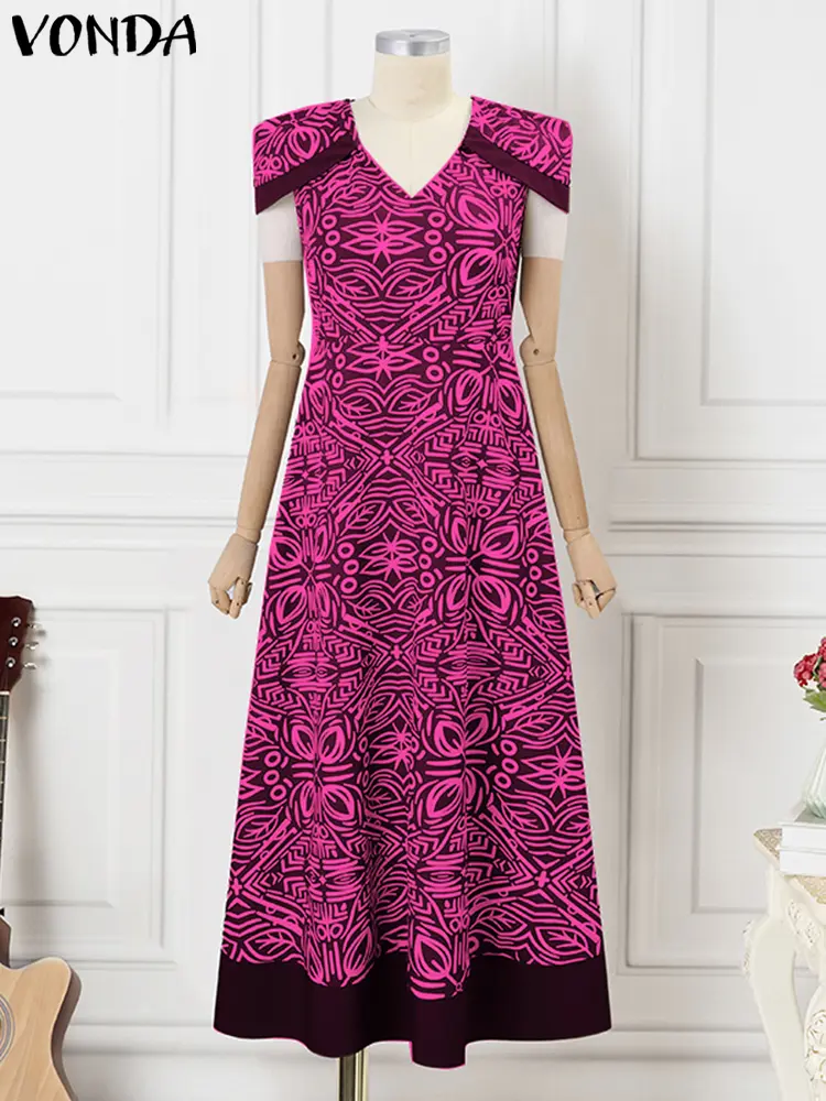 VONDA Bohemian Maxi Dress Women Printing Sundress Casual Loose Short Sleeve Robe Vintage V-Neck Beach Party Vestidos