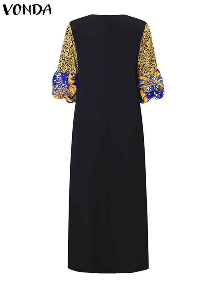 VONDA Women Bohemian Maxi Dress 2024 Casual Half Puff Sleeve Vestidos Round Neck Elegant Printed Long Robe Oversized Sundress