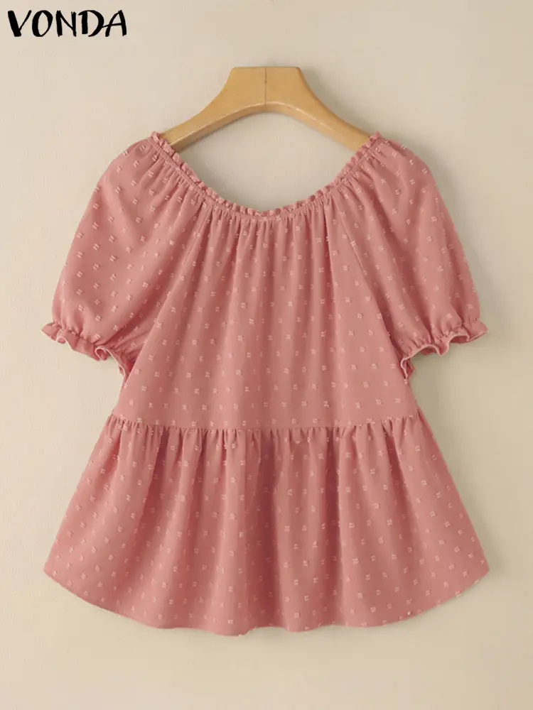 VONDA Off The Shoulder Women Tops Lace Blusas Shirts 2025 Summer Short Puff Sleeve Tunics Lace-Up Buttons Solid Ruffled Tops