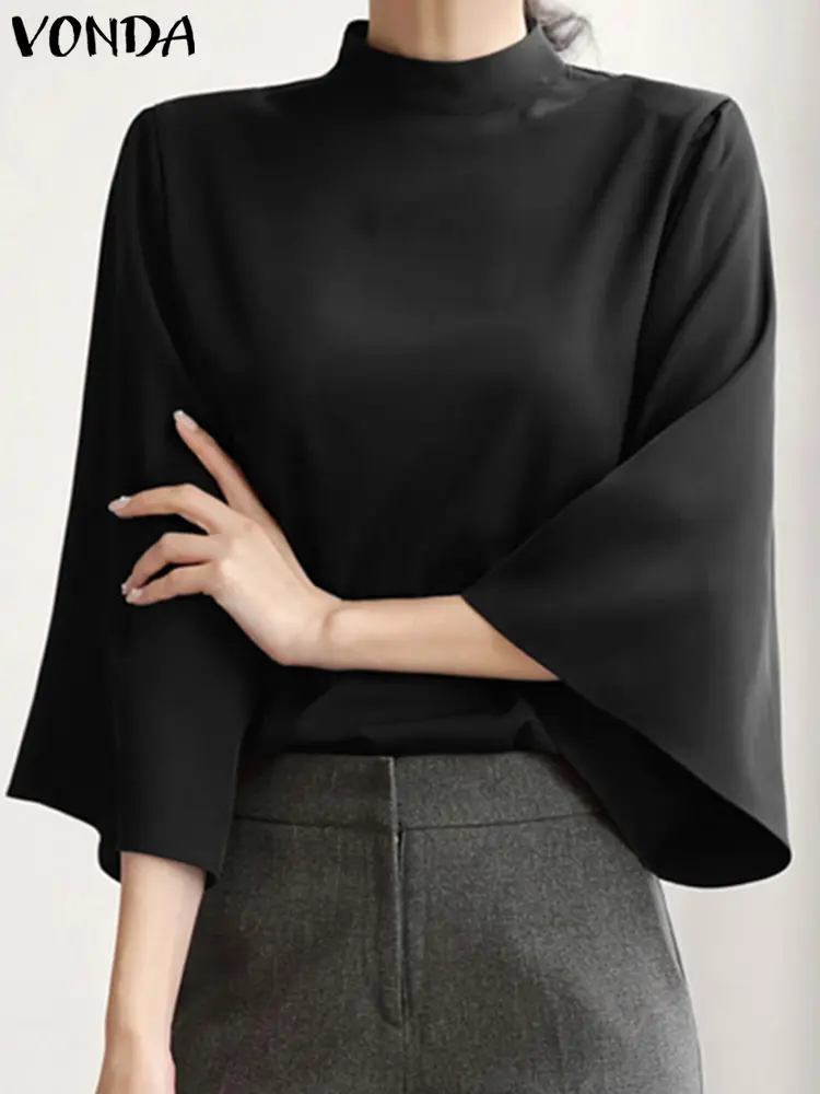 VONDA Women Shirts 2024 Elegant Blouse Office Lady Tops Casual Stand Collar 3/4 Flare Sleeve Shirts Oversized Blusas
