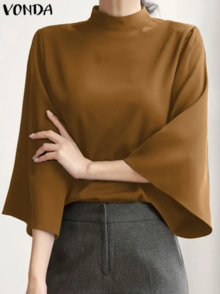 VONDA Women Shirts 2024 Elegant Blouse Office Lady Tops Casual Stand Collar 3/4 Flare Sleeve Shirts Oversized Blusas