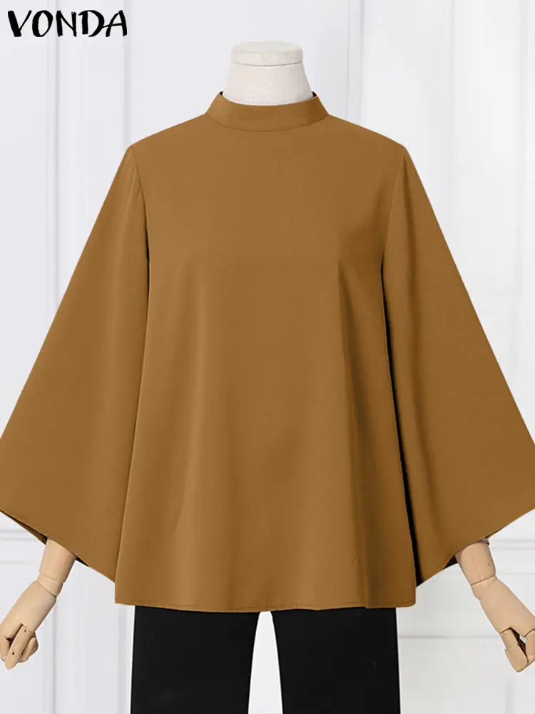 VONDA Women Shirts 2024 Elegant Blouse Office Lady Tops Casual Stand Collar 3/4 Flare Sleeve Shirts Oversized Blusas