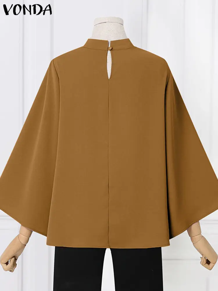 VONDA Women Shirts 2024 Elegant Blouse Office Lady Tops Casual Stand Collar 3/4 Flare Sleeve Shirts Oversized Blusas