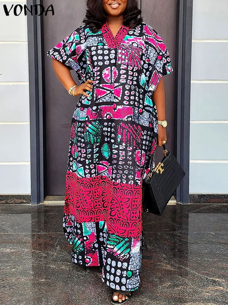 Plus Size 5XL VONDA Women Dress 2025 Oversized Short Sleeve Summer Sundress Printing Party Vestidos Bohemian V-Neck Loose Robe