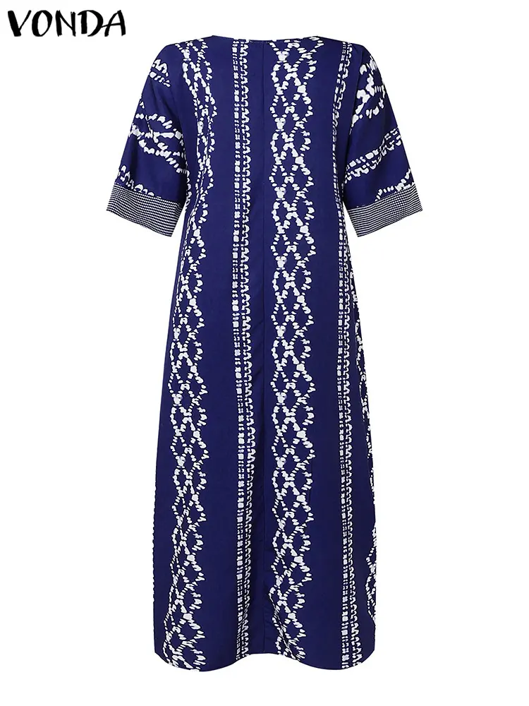 2024 VONDA Vintage Printed Dresses Women Bohemian Vestidos Casual 3/4 Sleeve Maxi Sundress Oversize Simple Elegant Long Robe