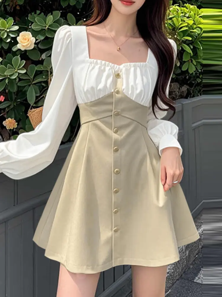 VONDA Women Long Sleeve Mini Dress 2025 Casual Square Collar High Waist Patchwork Sundress A-Line Swing Vestidos Robe Oversized